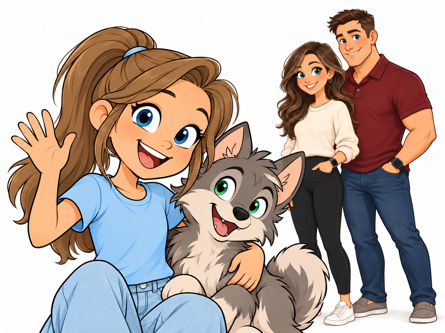 Cartoon Maddie waving and holding Wolfie in the foreground, with her mom and dad smiling in the background.