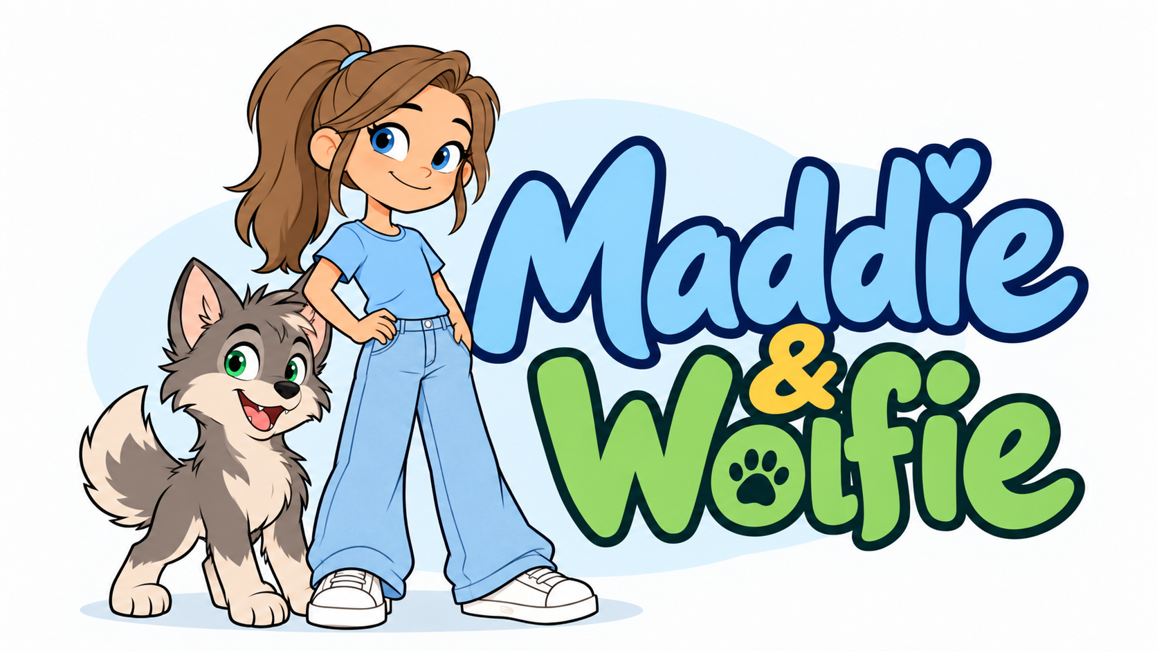 Maddie and Wolfie illustrated logo featuring Maddie beside her smiling gray wolf pup